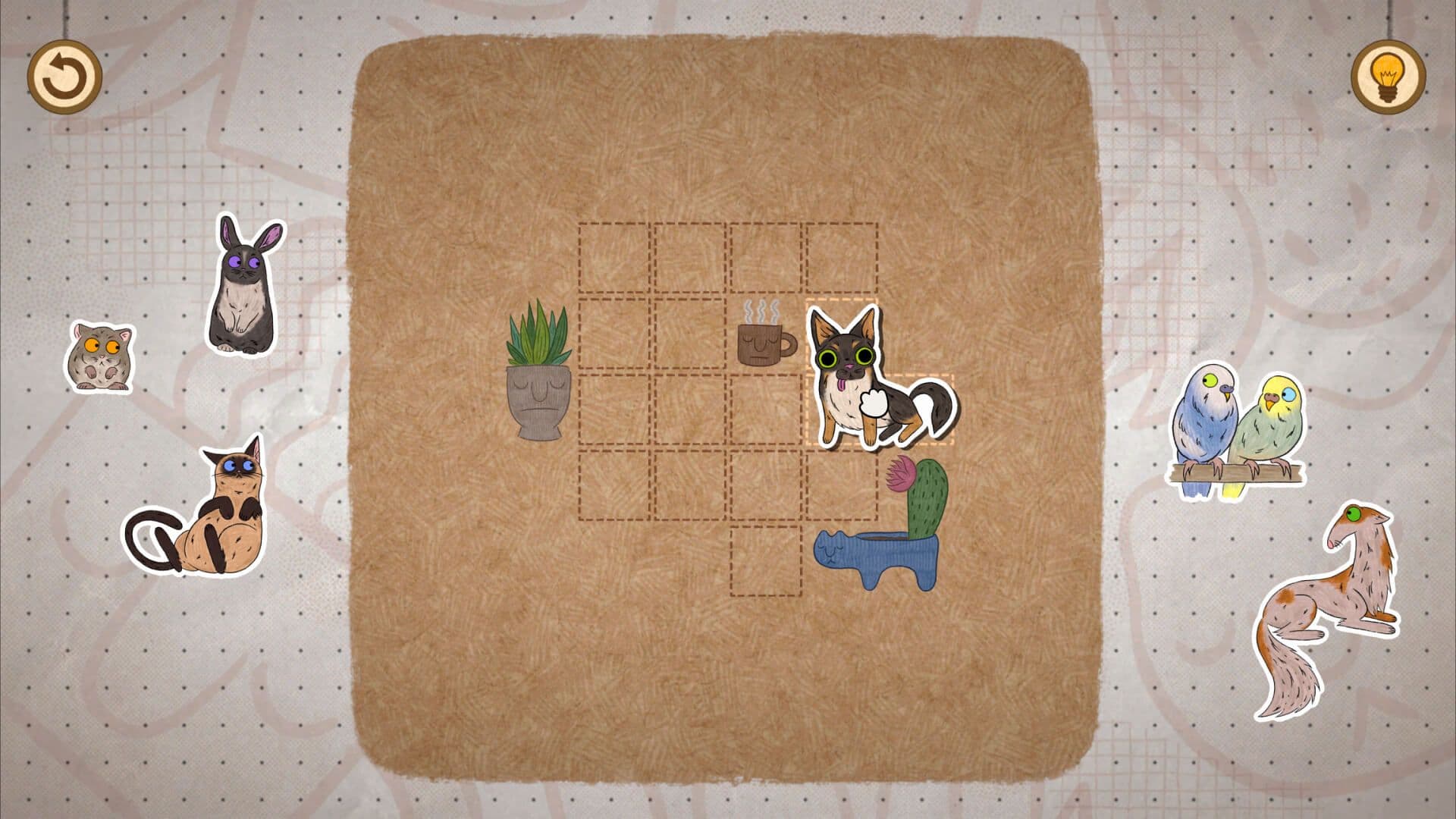 Gameplay screenshot, dragging a dog to the grid