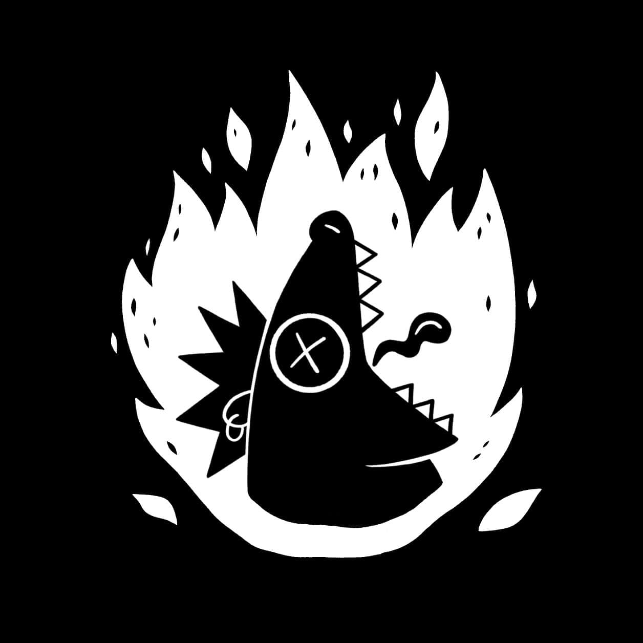 Possum Riot logo version 1: screaming possum punk head on a fire background, black and white color scheme.
